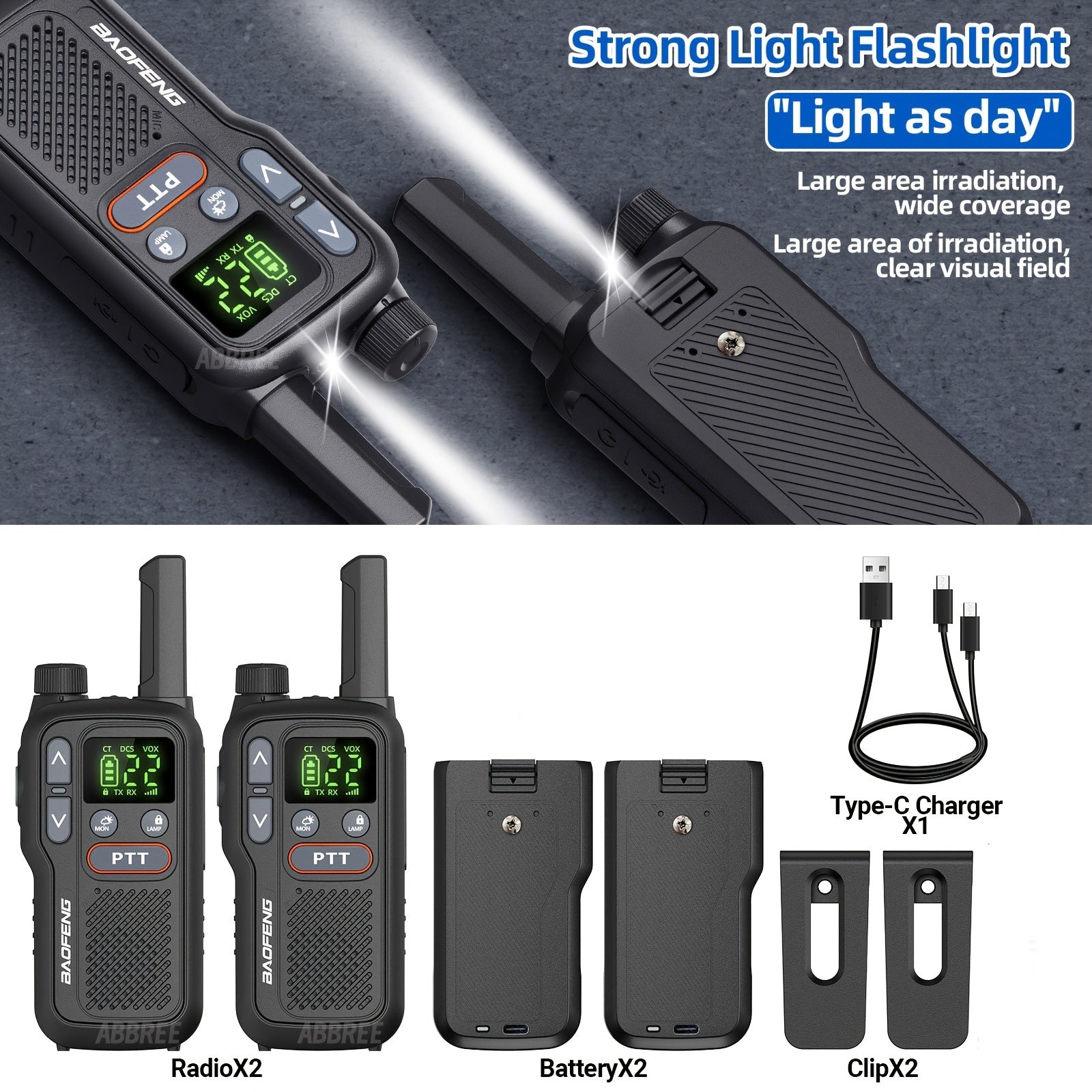 Baofeng BF-T18 FRS Walkie Talkies 2-Pack Long Range – NOAA Weather Alert, VOX Hands-Free, 1500mAh USB-C Rechargeable, LED Flashlight for Hiking, Camping, Hunting & Outdoor Adventures