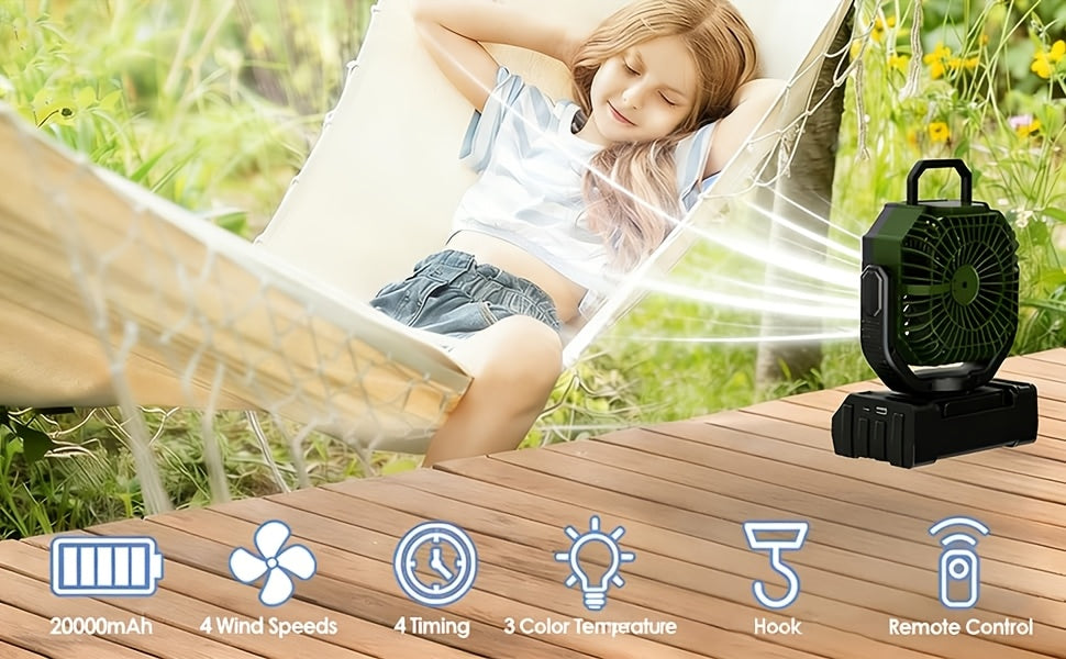 20000mAh Camping Fan with Remote Control LED Light Oscillating 4 Speeds Timer Power Bank - Rechargeable Tent Fan for Camping Picnic BBQ Fishing Outdoor