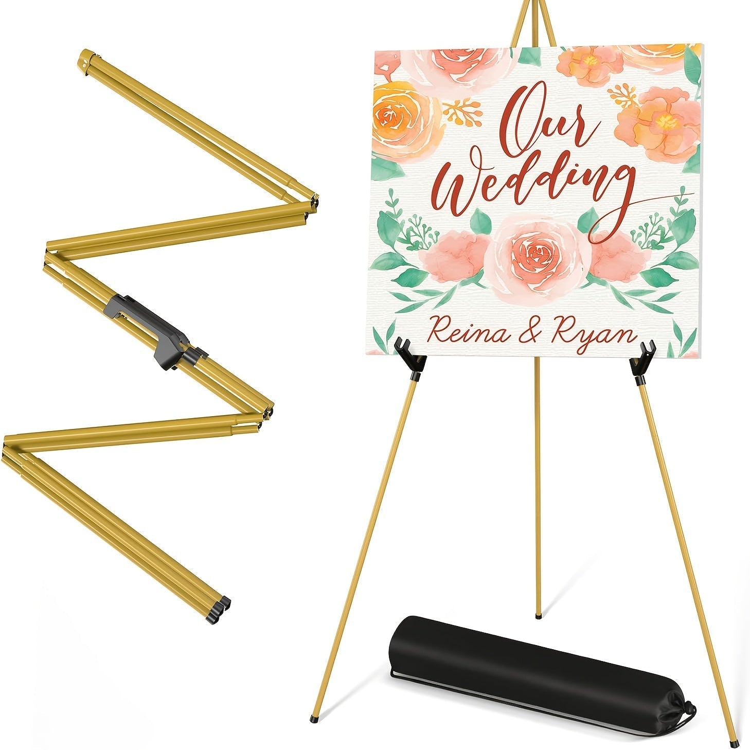 Easel Stand 63 Inch Portable Floor Easel Metal Tripod with Carry Bag for Wedding Signs Poster Display Black Gold 1 or 2 Pack