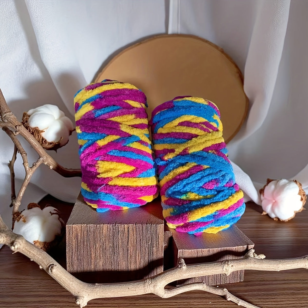 Chunky Chenille Yarn 2 Skeins 500g Hand Knitting Blanket Crochet Multicolor Striped Soft Polyester Extra Thick Plush DIY Gift for Women Men