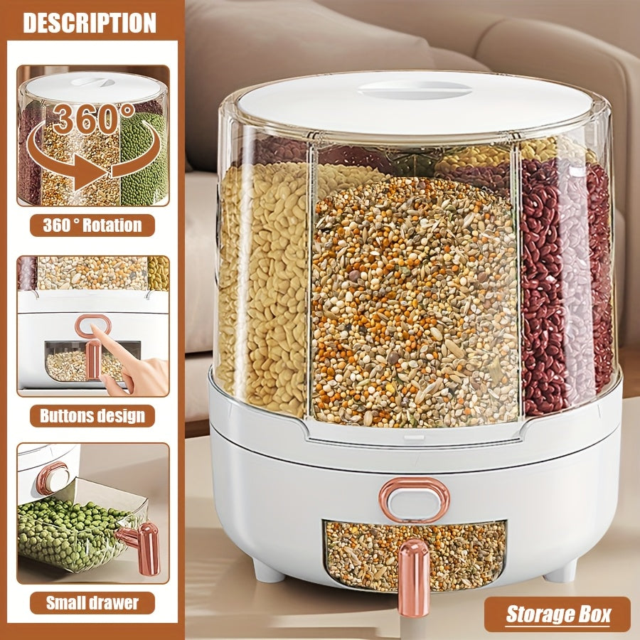 Rotating Cereal Dispenser 6-Grid Large Capacity Airtight Rice Storage Container, Moisture-Proof Insect-Proof Grain Dispenser with Transparent Window & Press Button, Food-Grade PP for Rice Grains Flour