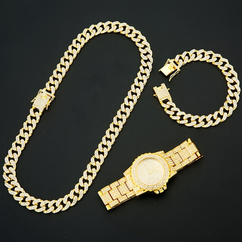 4-Piece Men's Punk Jewelry Set – Quartz Watch Cuban Chain Necklace Bracelet Cross Necklace Rhinestone Hip Hop Style Accessories Gift for Men Boyfriend Son Birthday Christmas Gold Silver