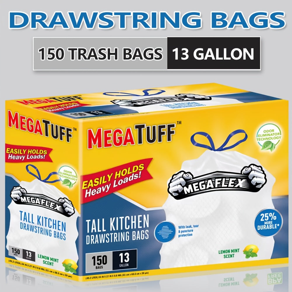 13 Gallon Drawstring Kitchen Trash Bags Odor Eliminator Lemon Mint Scent Puncture Tear Resistant Disposable Garbage Bags 78-Count 150-Count Box Value Pack