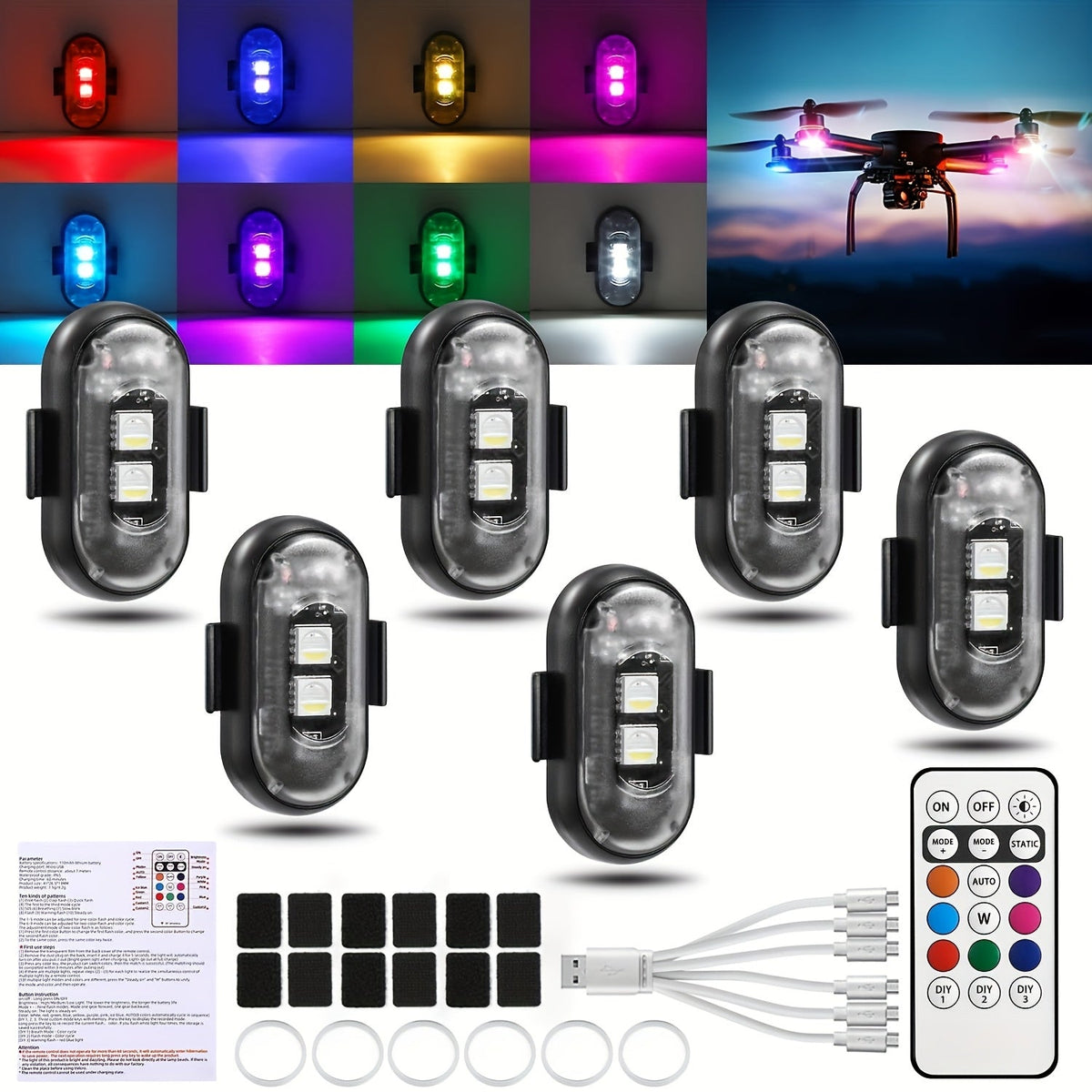 Wireless LED Lights for Vehicles 6 or 8pcs – Remote Control, 8 Color Modes, USB Rechargeable, for Car Interior, Truck, Motorcycle, Drone, Bicycle & Plane