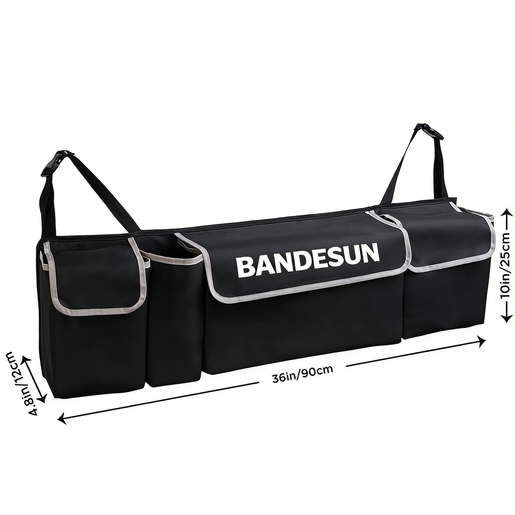 Car Trunk Organizer Rear Seat Hanging Storage Bag with 4 Pockets Foldable Cargo Bag for SUV Truck MPV Van – Black Multi-Pocket Car Interior Storage Organizer for Travel & Daily Use