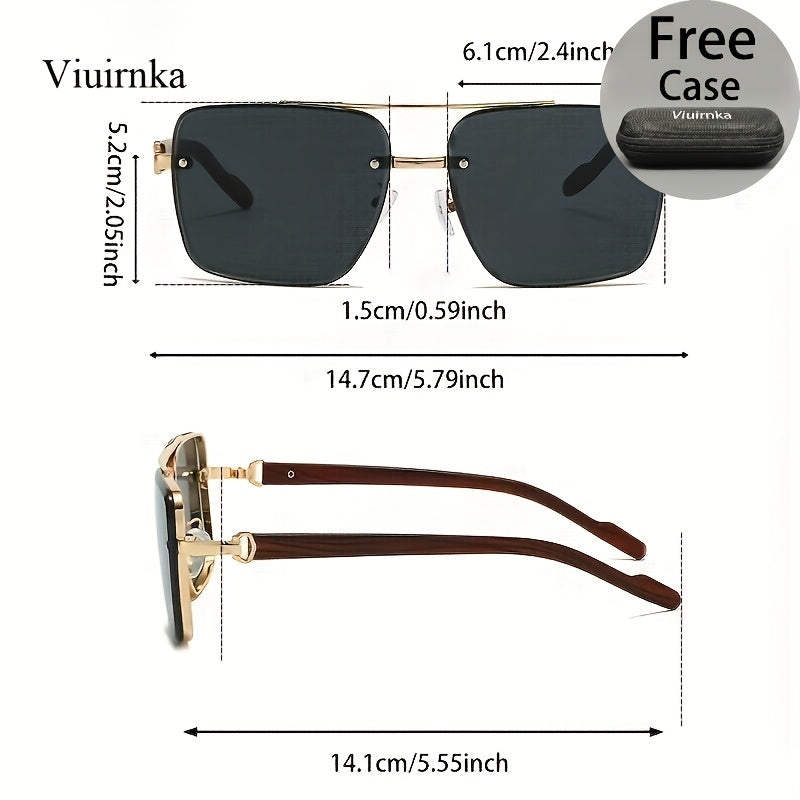 UV400 Square Sunglasses with Case for Men Women – Double Bridge Retro Wood Grain Frame, Polarized-Style Unisex Shades for Driving, Travel, Beach & Street Style, 7 Colors