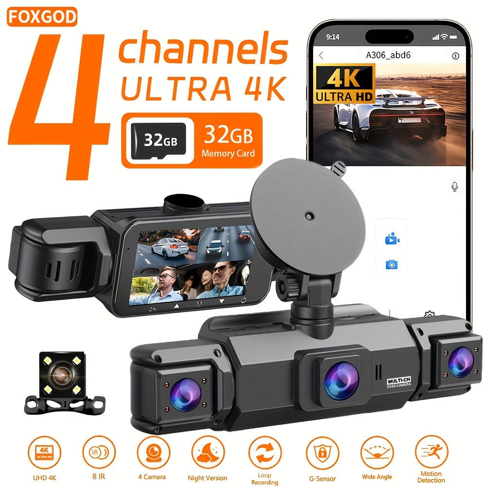 4K Dash Cam 360° Rotary 4-Channel Car DVR with Free 32GB SD Card Night Vision 24H Loop Recording Parking Monitor Front 4K Rear Left Right 1080P Cameras Rearview Camera for All Vehicles