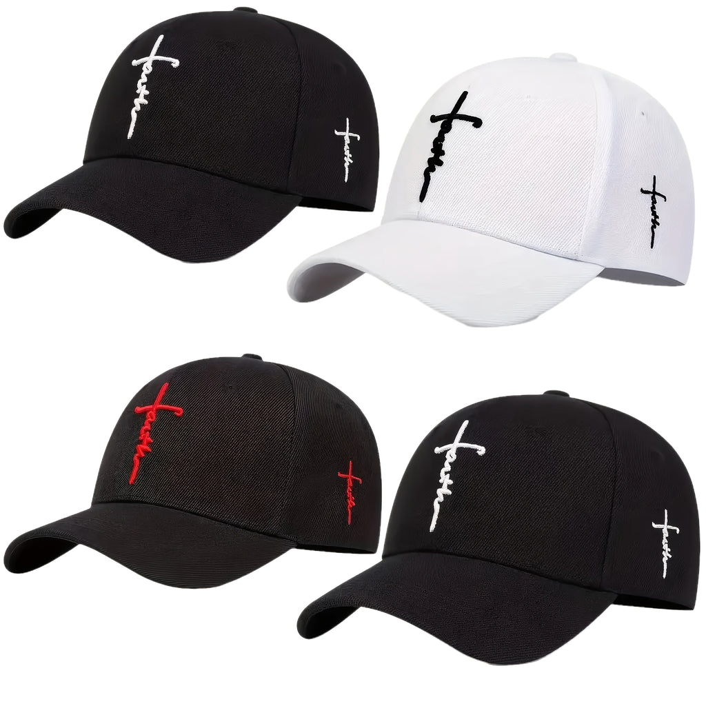 4pcs Faith-Themed Cross-Stitch Baseball Caps for Men & Women – Adjustable Lightweight Polyester Solid Color Casual Sports Sun Hat for Outdoor Travel Beach, Christmas Father's Day Gift