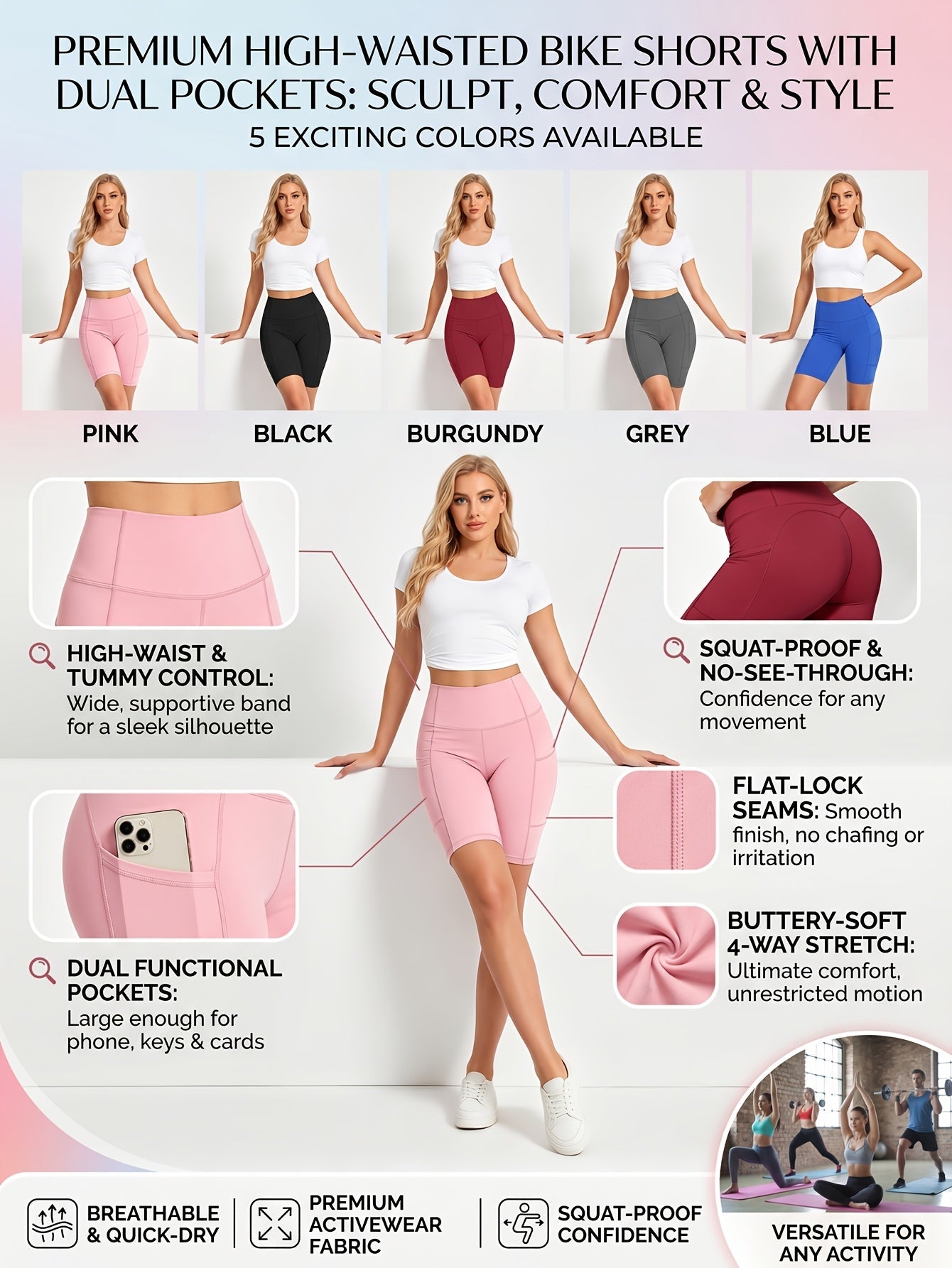Women's High-Waisted Cycling Shorts 5-Pack with Pockets Mixed Colors – Stretch Polyester Yoga Gym Running Workout Shorts for Active Women Sizes M to XXL