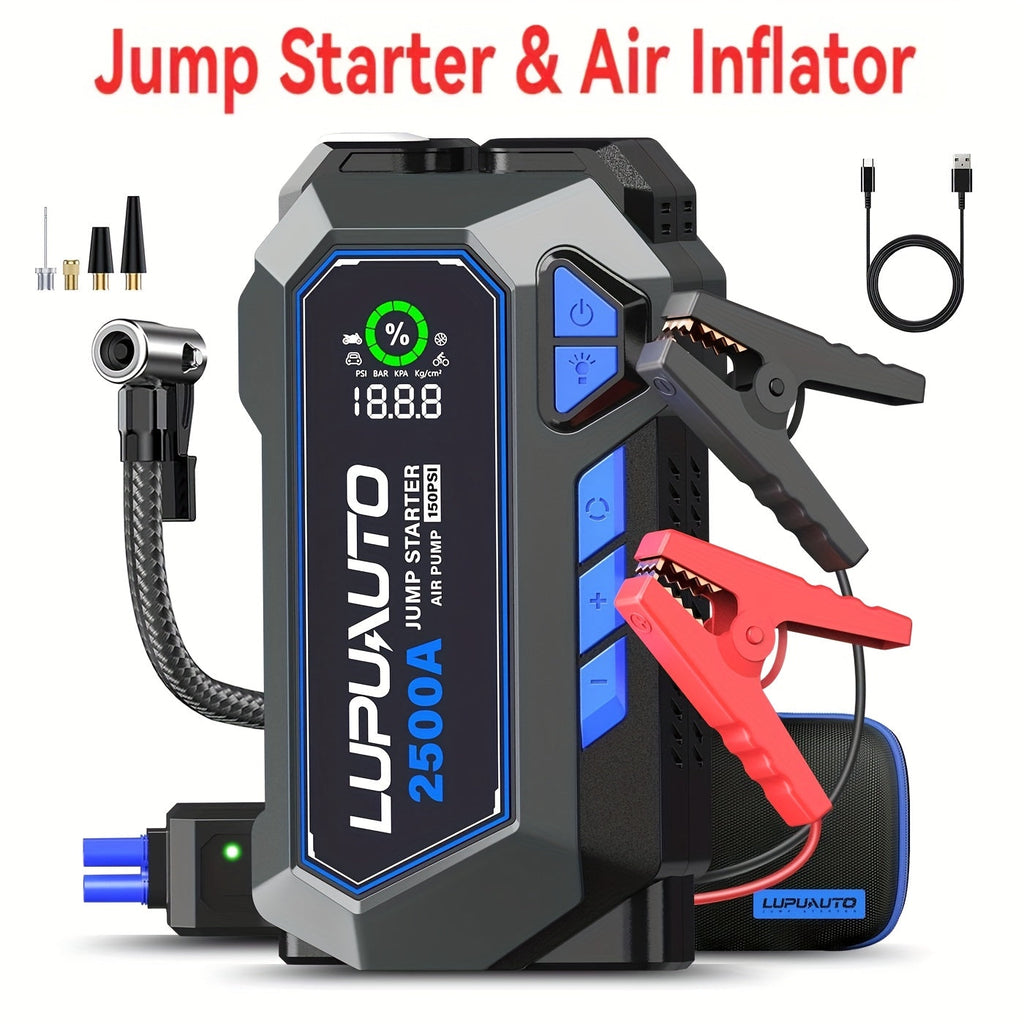 LupuAuto Jump Starter with Air Compressor 2500A Peak 150PSI Portable Tire Inflator – Dual-Cylinder 2X Faster Inflation, USB-C Power Bank, LED Flashlight for Cars SUV Trucks Motorcycles