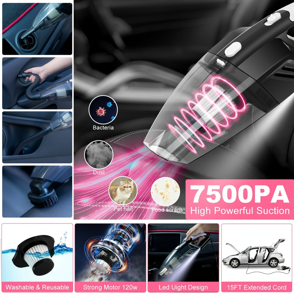 41-Piece Car Wash Detailing Kit with 120W Handheld Vacuum Cleaner Foldable Bucket Windshield Tool Tire Brush Snow Shovel Interior Exterior Complete Car Care Set Pink Black Blue