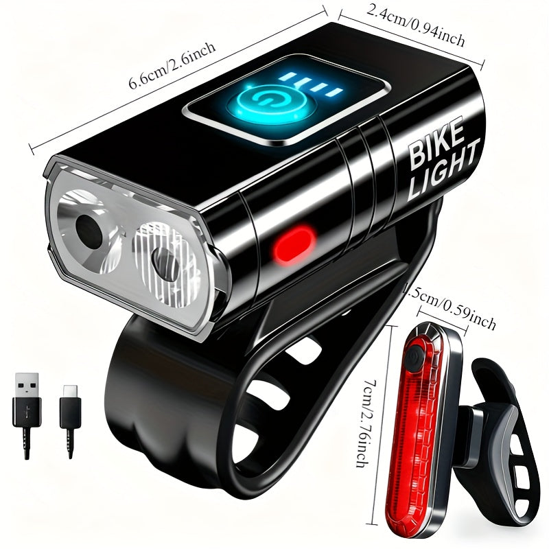 USB Type-C Rechargeable Bike Light Set – Aluminum Alloy Front Light 6 Modes & Rear Light 4 Modes, High-Lumen LED Bicycle Lights for Night Riding Commuting Camping Safety