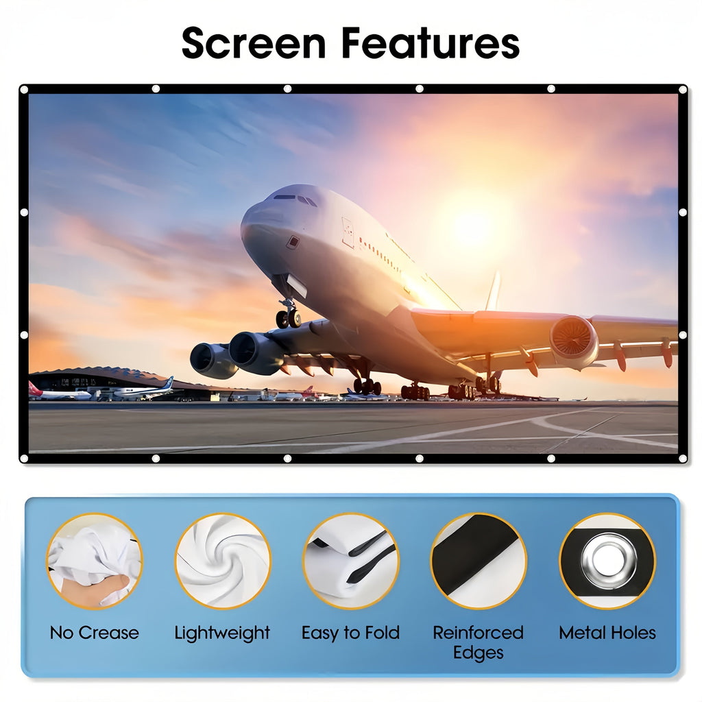 Portable Projector Screen 4K HD 72 100 120 Inch 16:9 Foldable Wrinkle-Free Outdoor Indoor Movie Screen 160° Wide View Dual-Sided for Home Theater Camping Party Presentations