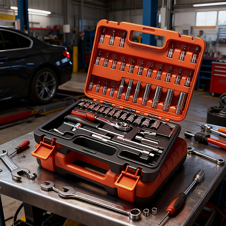 52 Piece Professional Tool Set with Portable Toolbox Multi-Functional Home Car Repair Kit for DIY Enthusiasts Homeowners Mechanics Gift for Men Red Standard Black White