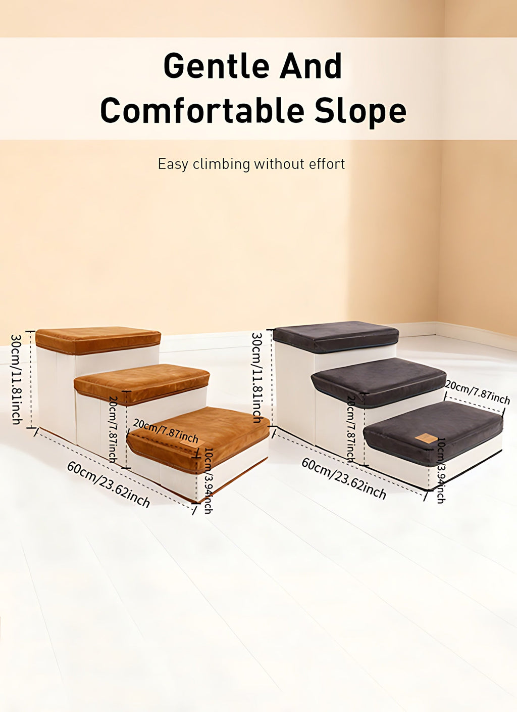 3-Tier Foldable Dog Stairs for Small Dogs Non-Slip Nylon Pet Ramp for High Beds Sofas Compact Foldable Brown White Includes Bonus Plush Toy