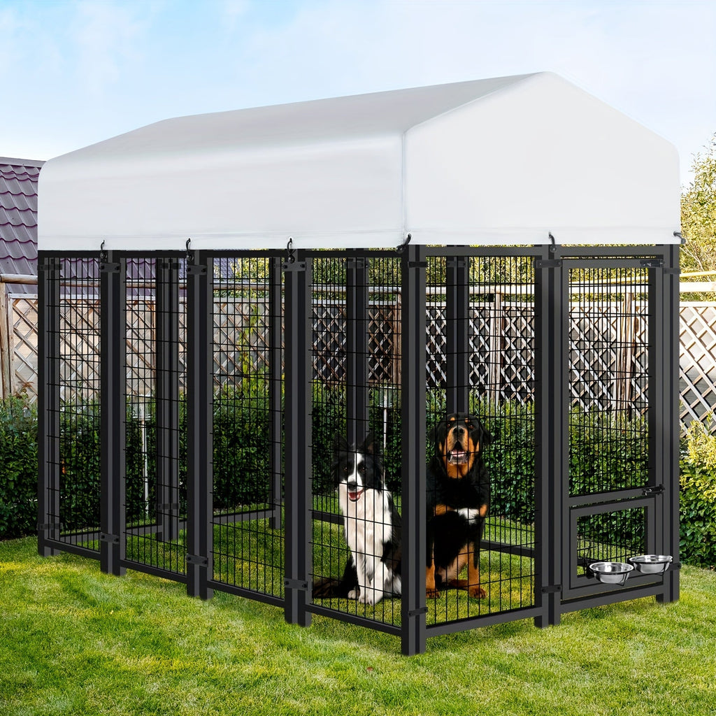 Large Dog Enclosure Outdoor Heavy Duty Welded Wire Steel Dog Playpen with UV-Resistant Roof Cover Secure Lock Pet Pen for Big Dogs Exercise Play Area Backyard Patio 3 Sizes
