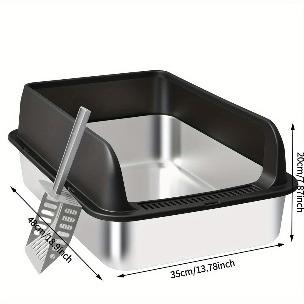 Stainless Steel Cat Litter Box High Sides Anti-Leakage Metal Litter Pan with Scoop Sifting Tray Rust-Proof Odor-Resistant Non-Stick Easy Clean Indoor Cat Toilet Medium Large Cats