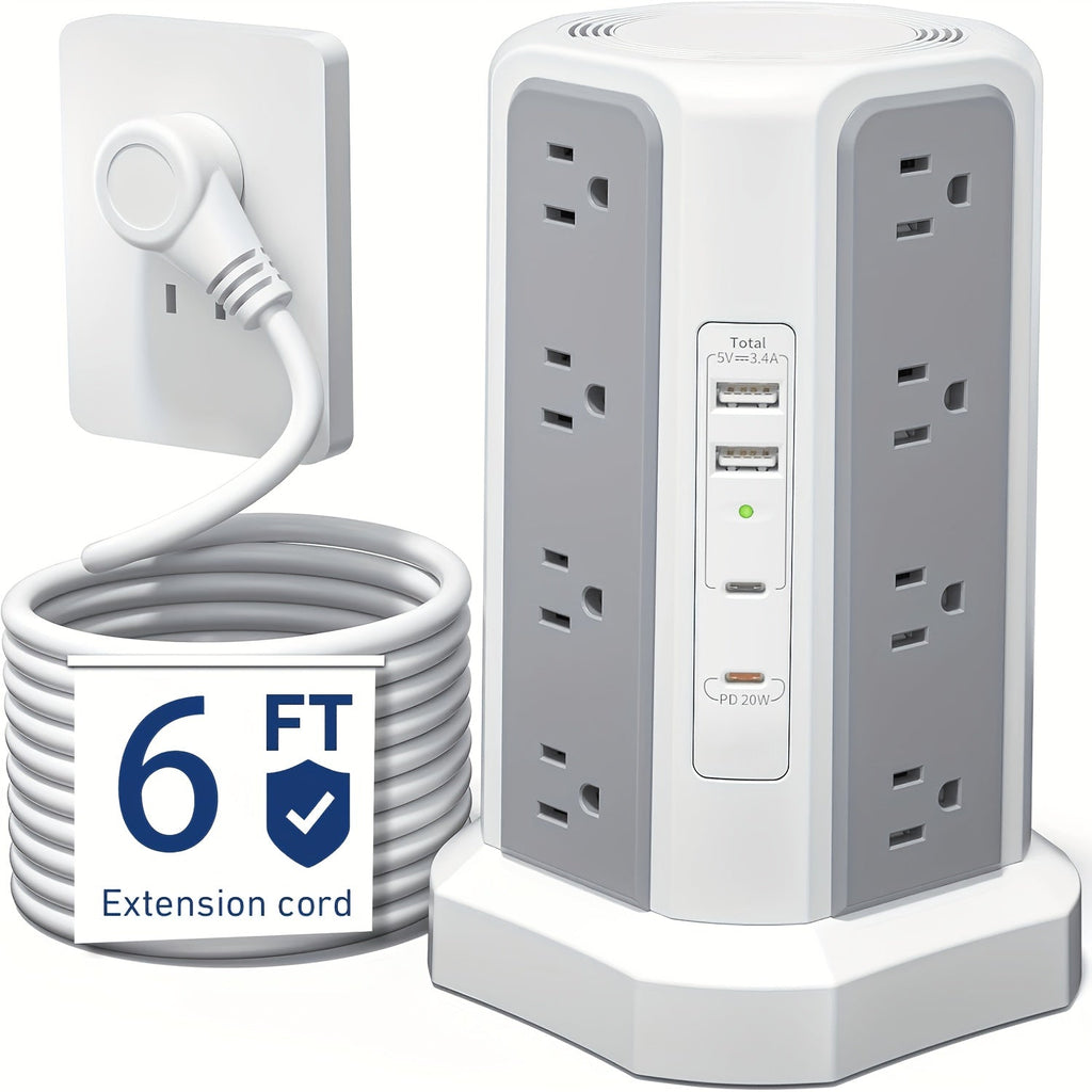 Power Strip Tower 16 AC Outlets 5 USB Ports USB-C PD20W Fast Charging 1500J Surge Protector Flat Plug Desktop Extension Cord for Home Office Dorm Room Workstation 10 Style Options