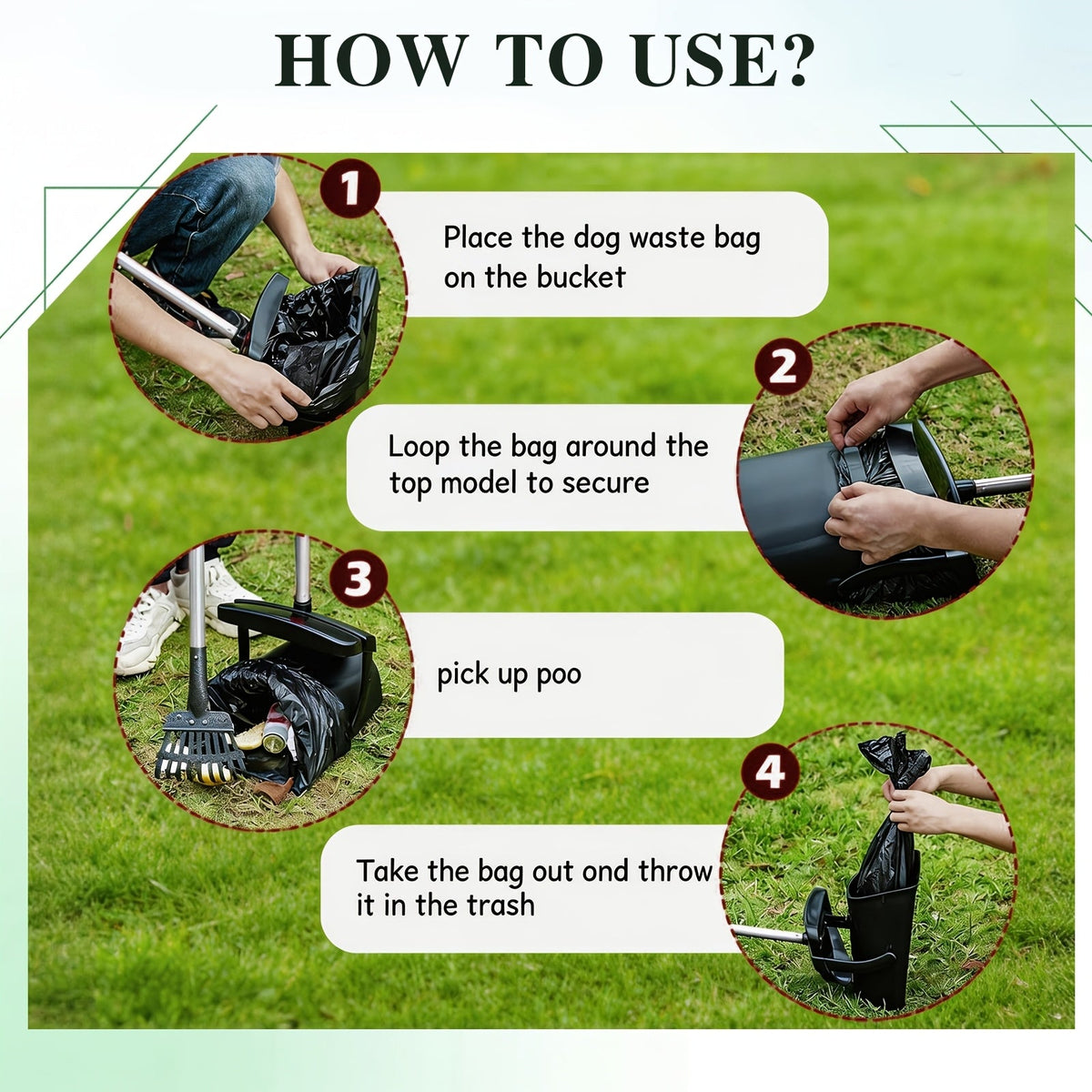 Heavy Duty Dog Pooper Scooper Set with Swivel Bin, Rake & Spade – Long Handle No-Bend Pet Waste Removal for Grass, Dirt & Gravel, 40 Waste Bags Included, Large Dogs
