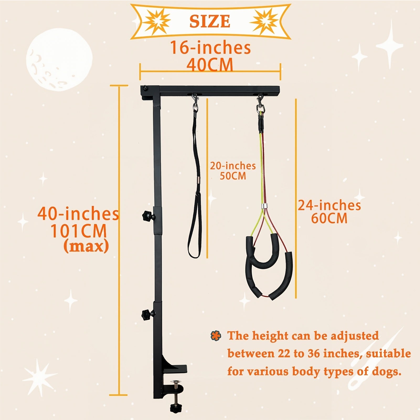 Dog Grooming Arm with Clamp 36 Inch Adjustable Heavy-Duty Iron No-Sit Haunch Holder 3-Section Design Small Medium Dogs Cats Colorful Positioning Ropes Professional Pet Grooming