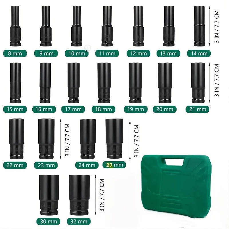 1/2" Drive Metric Deep Impact Socket Set – Chrome Vanadium Steel 8mm-32mm, Extended Hex Socket for Electric Wrench & Automotive Repair, 10-Pack or 20-Pack