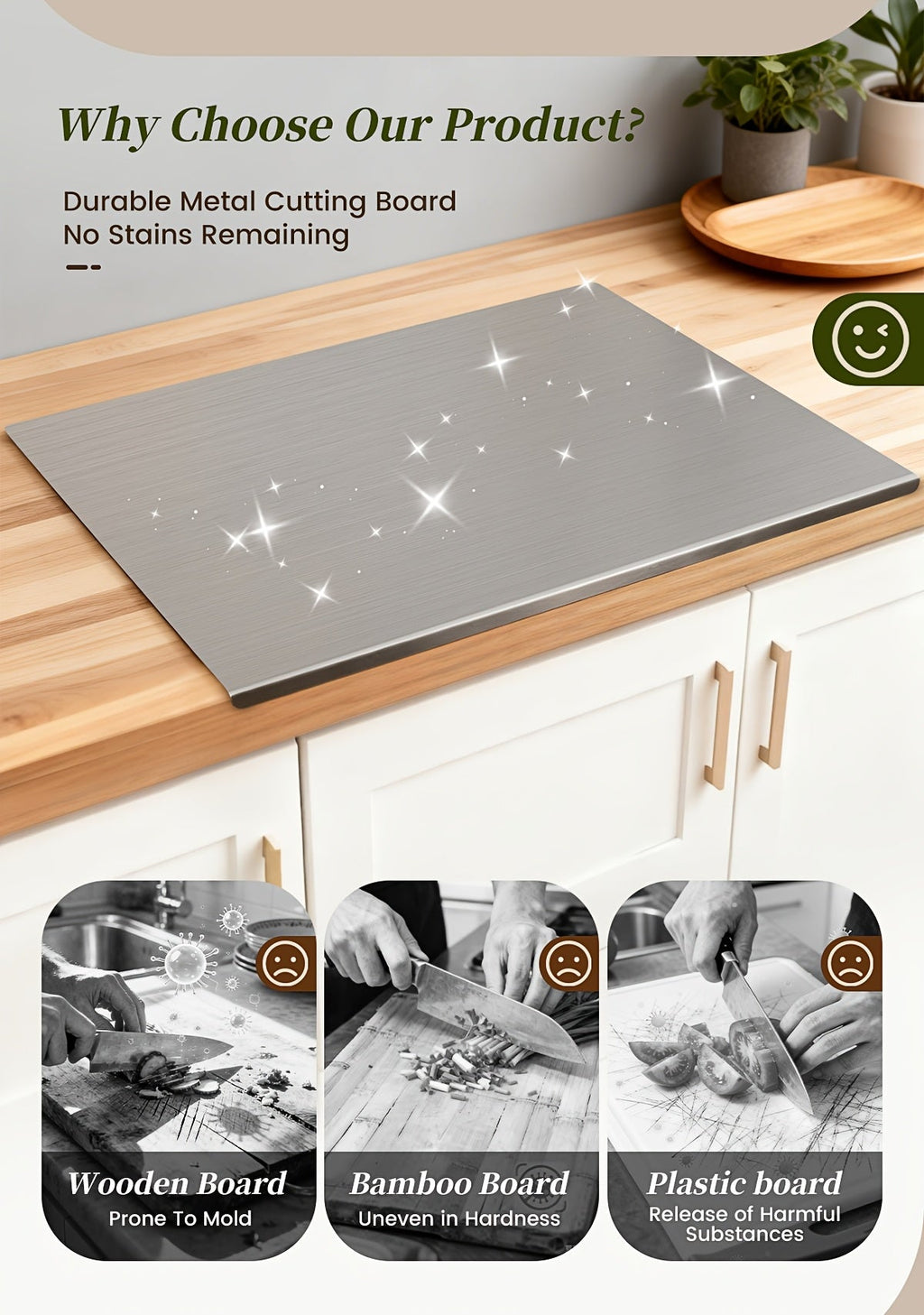 304 Stainless Steel Cutting Board Rust-Proof Non-Porous Butcher Block Kitchen Prep Board Dishwasher Safe Easy to Clean 3 Sizes for Meat Vegetables Fish Bread Cheese