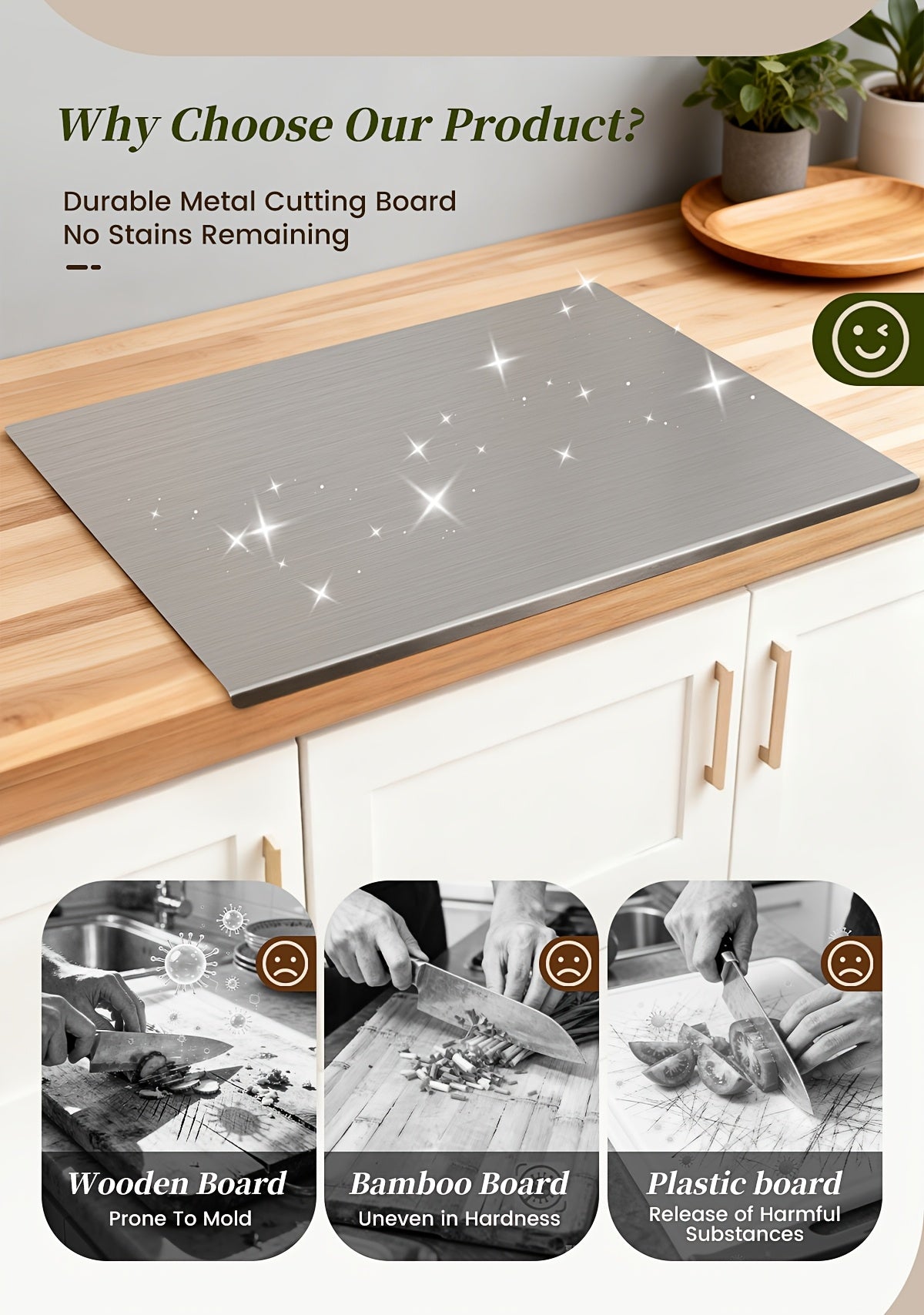 304 Stainless Steel Cutting Board Rust-Proof Non-Porous Butcher Block Kitchen Prep Board Dishwasher Safe Easy to Clean 3 Sizes for Meat Vegetables Fish Bread Cheese