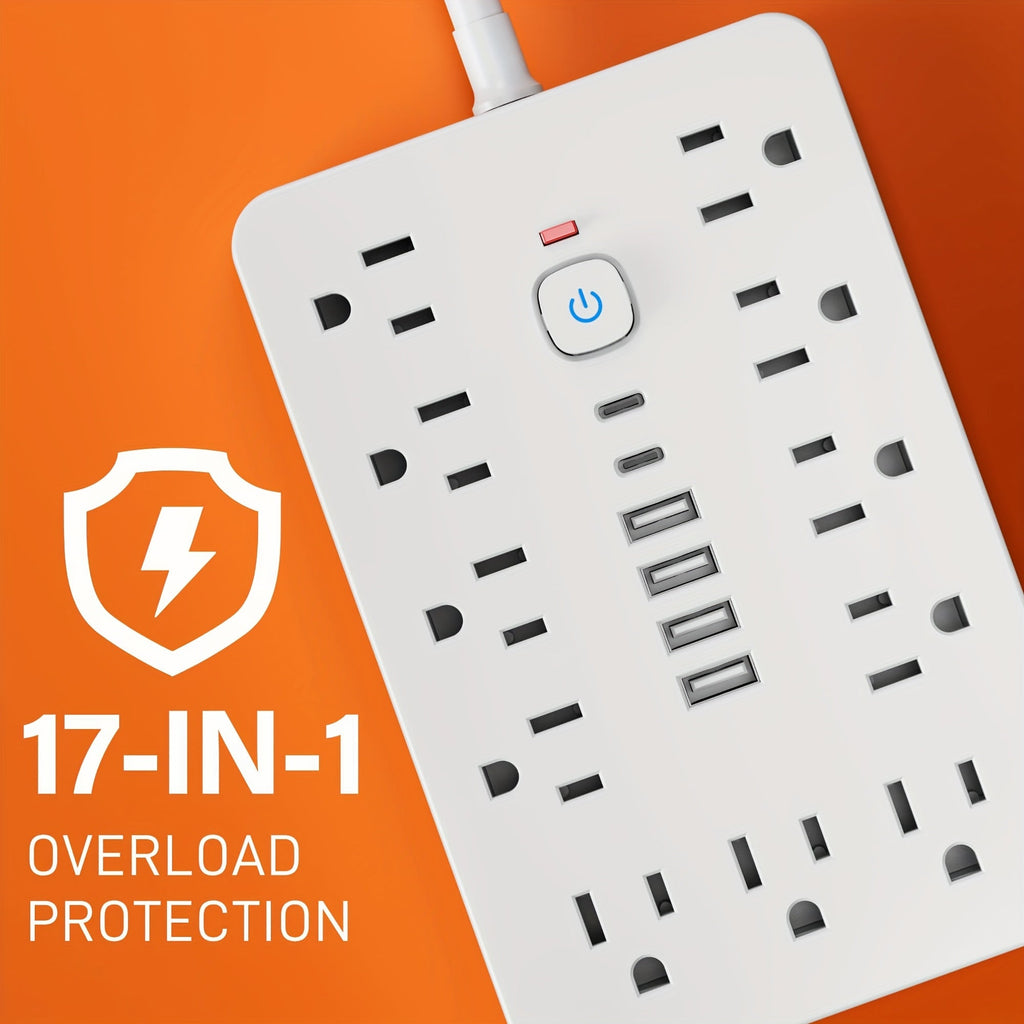 17-in-1 Power Strip Surge Protector 11 AC Outlets 4 USB-A 2 USB-C Ports Flat Plug Space-Saving Extension Cord Home Office Desk Kitchen Bedroom 5ft 10ft White Black