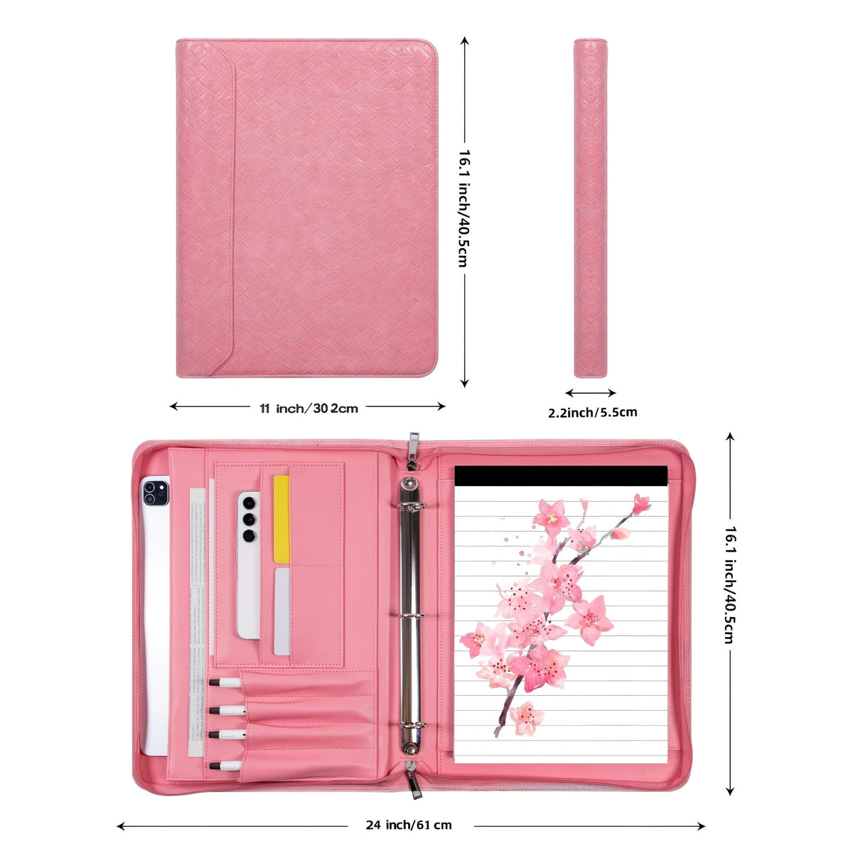 Vegan Leather Portfolio Binder 3-Ring Zipper with Laptop Pocket A4 Legal Work Organizer for Women Men Office School