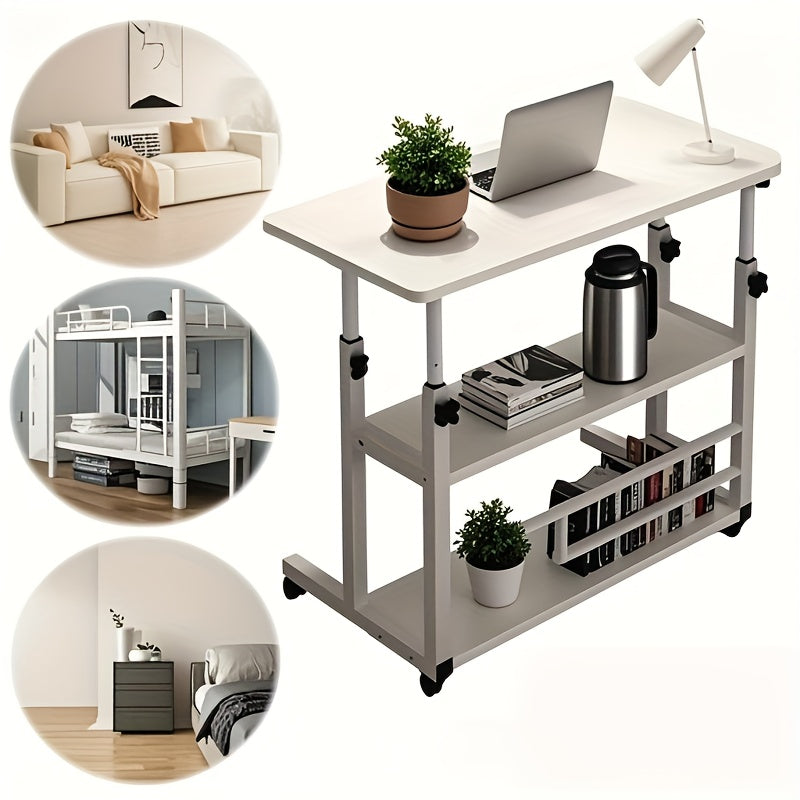 Rolling Folding Desk 3-Tier with Wheels Height Adjustable Expandable Desktop Storage Shelf Laptop Study Home Office Bedroom Living Room Computer Table Multi-Color
