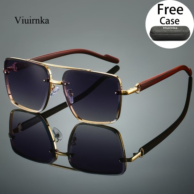 Square Retro Sunglasses Wood Grain Double Beam Unisex – UV Protection Fashion Eyewear with Case 7 Colors for Men Women Driving Travel Beach Street Photography Holiday Gift