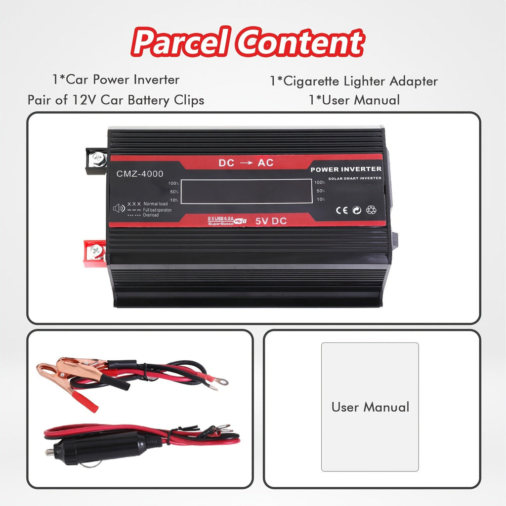 4000W Car Power Inverter DC 12V to AC 110V with LCD Display, Cooling Fan and Overload Protection - Portable 800W Rated Converter for Road Trips, Camping, Outdoors and Emergency Kits