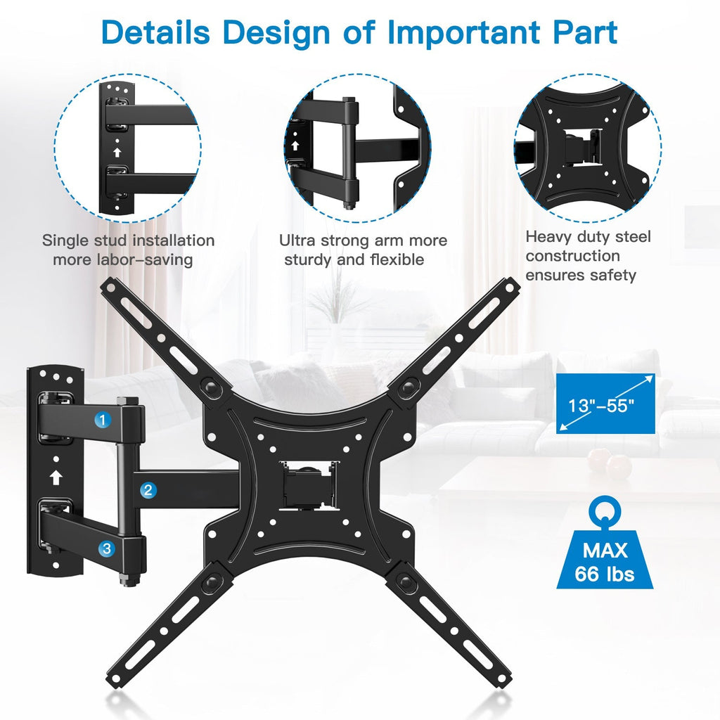 Full Motion TV Wall Mount for 26-60 Inch TVs Up to 77 lbs Swivel Tilt Extension Arm Stainless Steel TV Bracket Max VESA 400x400mm Fits Most Flat Curved Screen TVs