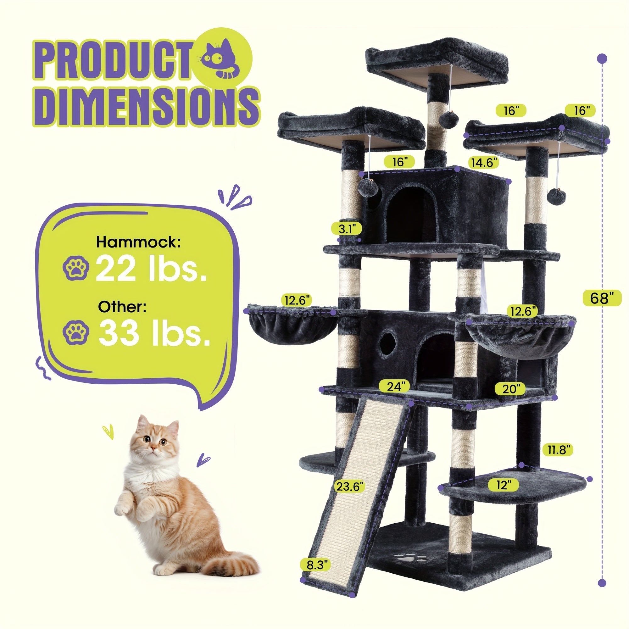 WEEWAY Corner Cat Tree Tower for Indoor Cats 36–81 Inch – Multi-Level Cat Furniture with Sisal Scratching Posts, Condo Cave, Hammock, Ramps, Plush Perches, Basket & Pompom Toys, Perfect Cat Gift