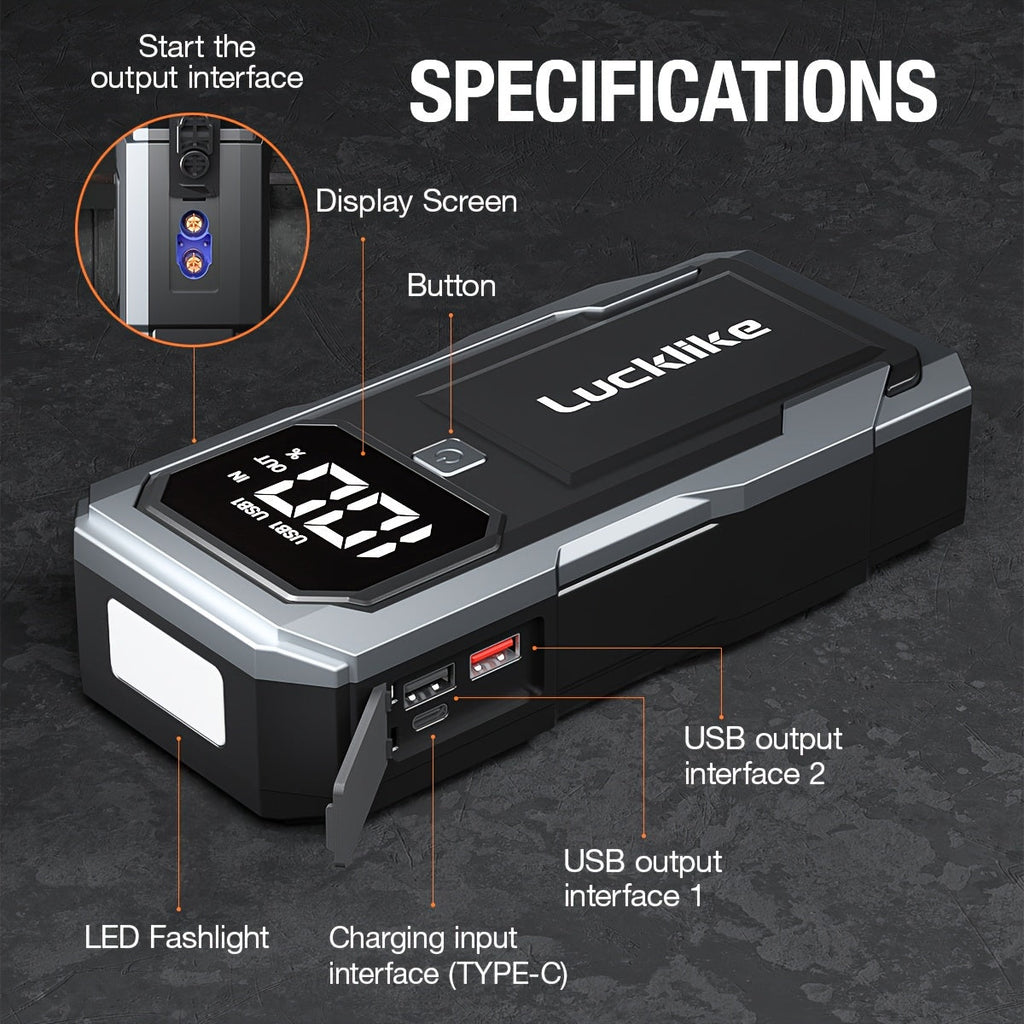 5000A Portable Car Jump Starter & 12V Battery Charger – 3000A Peak, QC3.0 Quick Charge, Intelligent Jumper Cables, LED Light & Power Bank for Gas & Diesel Engines Up to 8.0L