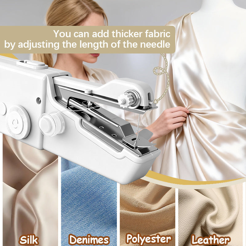 Compact Handheld Sewing Machine Kit Portable Battery Powered – Quick Repair Tool with Needles Bobbins Thread Spool Needle Threader and Fabric Sample for Clothes Garments Curtains and DIY Sewing Projects – White or Black