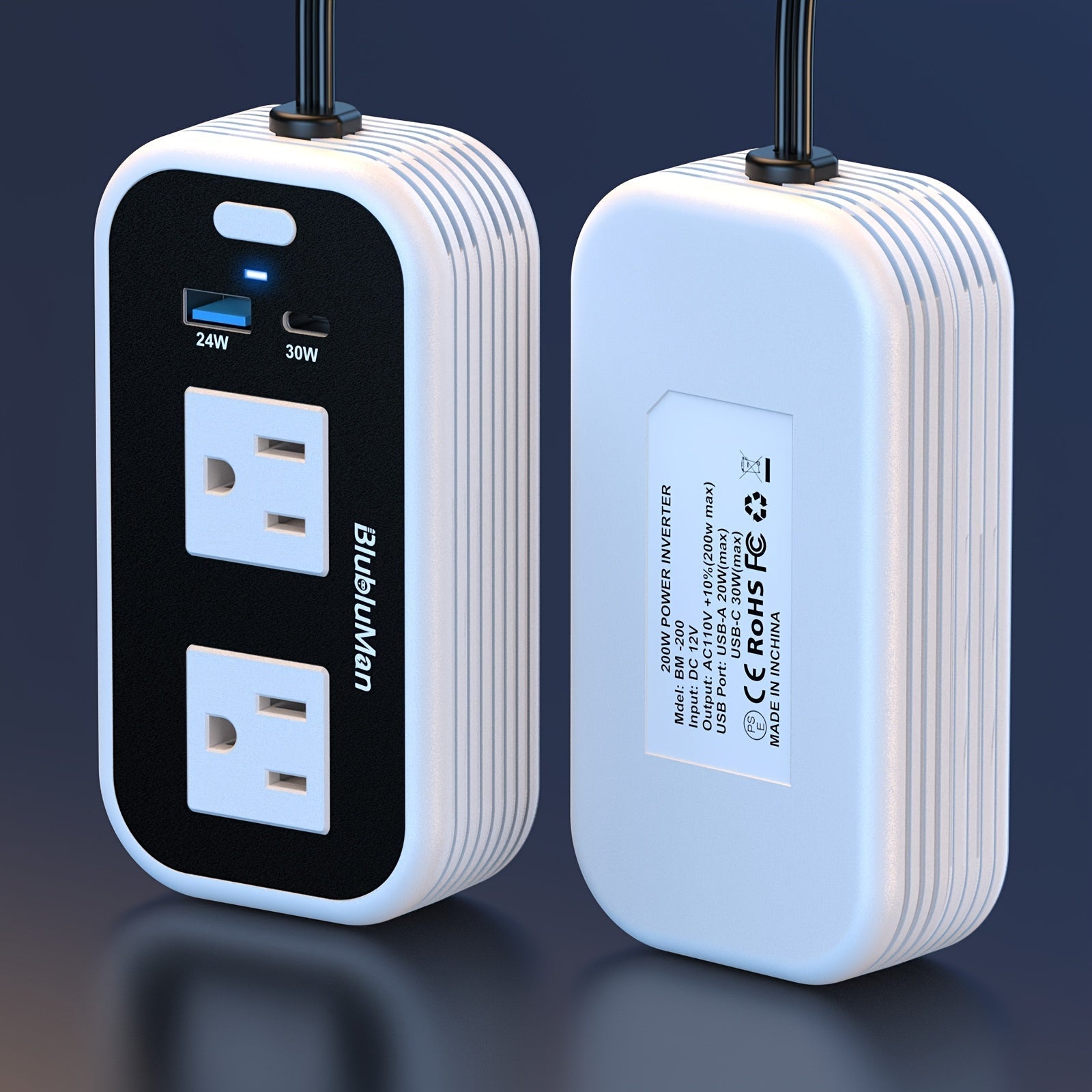 200W Car Power Inverter DC 12V to AC 110V with 30W USB-C PD Fast Charge 24W QC3.0 Car Outlet Adapter for Laptop Phone Tablet MacBook Road Trips Camping Trucks SUVs RVs