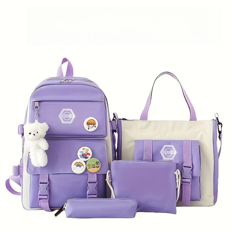 Cute 5-Piece Girls School Backpack Set – Lightweight Daypack with Matching Tote Bag Pencil Case & Coin Purse, Durable Adjustable Student Bag for School Hiking Travel, Purple Black Pink Blue
