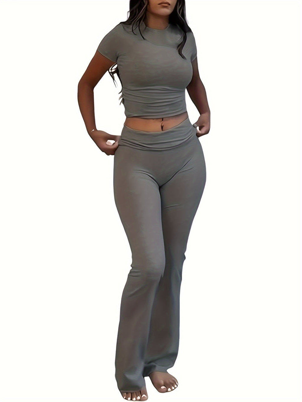 Women's Two-Piece Outfit Set Slim Fit Crew Neck Short Sleeve Tee & Skinny Flared Leg Pants – Casual Solid Color Matching Loungewear Tracksuit 9 Colors XS-XL