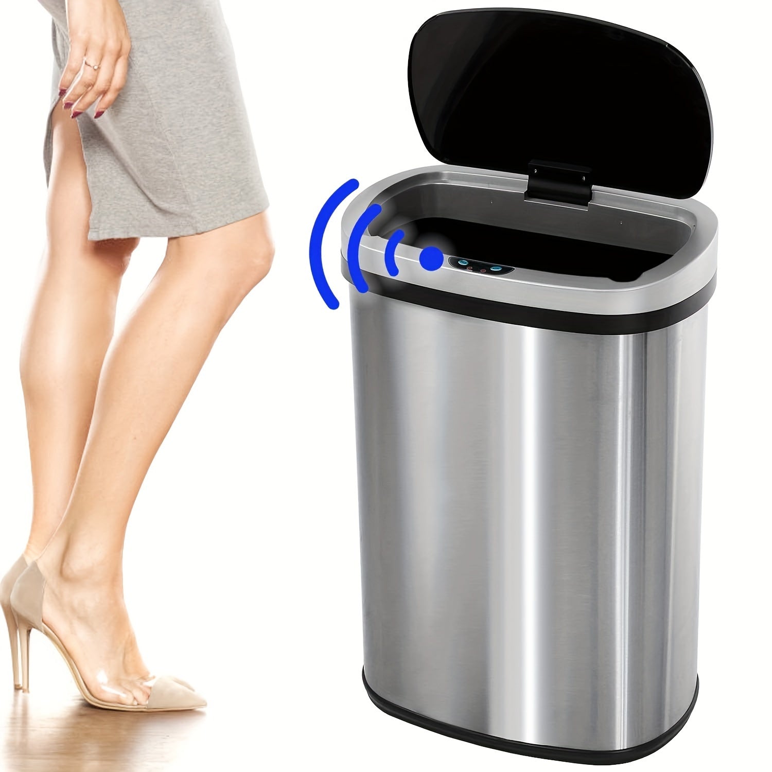 13 Gallon Touchless Trash Can 50L Automatic Motion Sensor Kitchen Waste Bin Stainless Steel & Plastic for Kitchen Office Bedroom Living Room