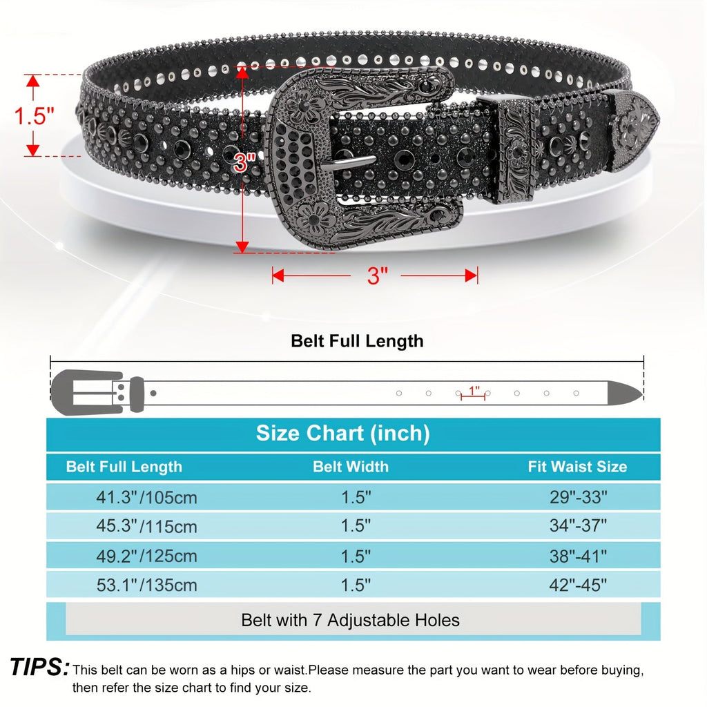 Rhinestone Belt Unisex Western Cowgirl Bling Faux Leather Removable Buckle – Sparkling Adjustable Waist Belt for Women Men 13 Colors Sizes S-XL Party Festival Halloween Christmas Gift