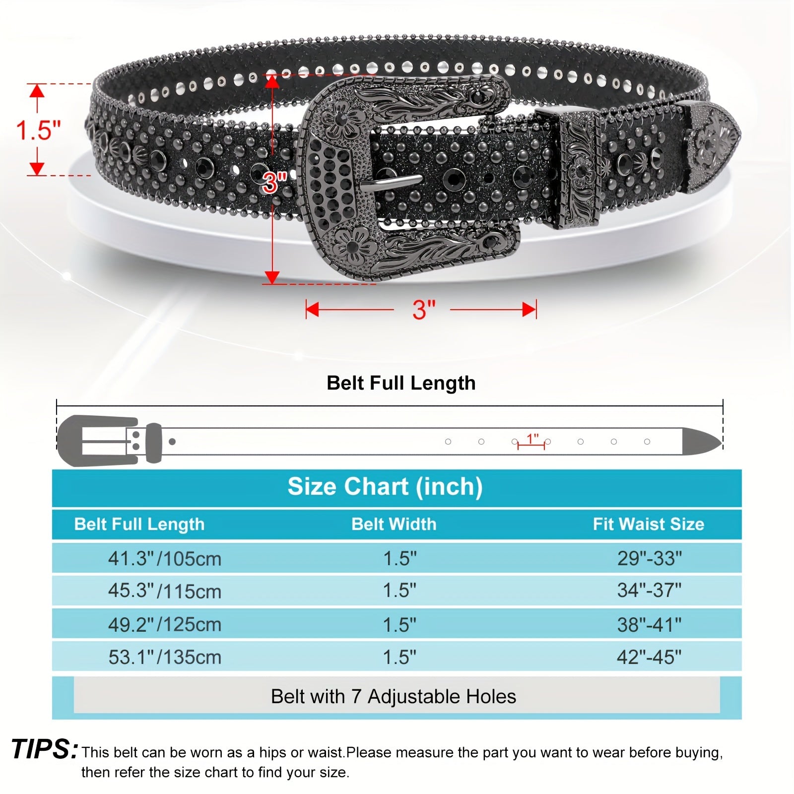 Rhinestone Belt Unisex Western Cowgirl Bling Faux Leather Removable Buckle – Sparkling Adjustable Waist Belt for Women Men 13 Colors Sizes S-XL Party Festival Halloween Christmas Gift
