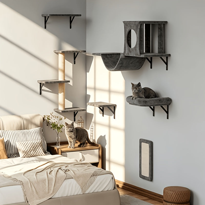 Wall Mounted Cat Climbing Shelf Set 7-Piece Deluxe Indoor Cat Furniture with Condo Scratching Post Bridge Ladder Tunnel – Space-Saving Cat Wall Playground for All Cat Sizes