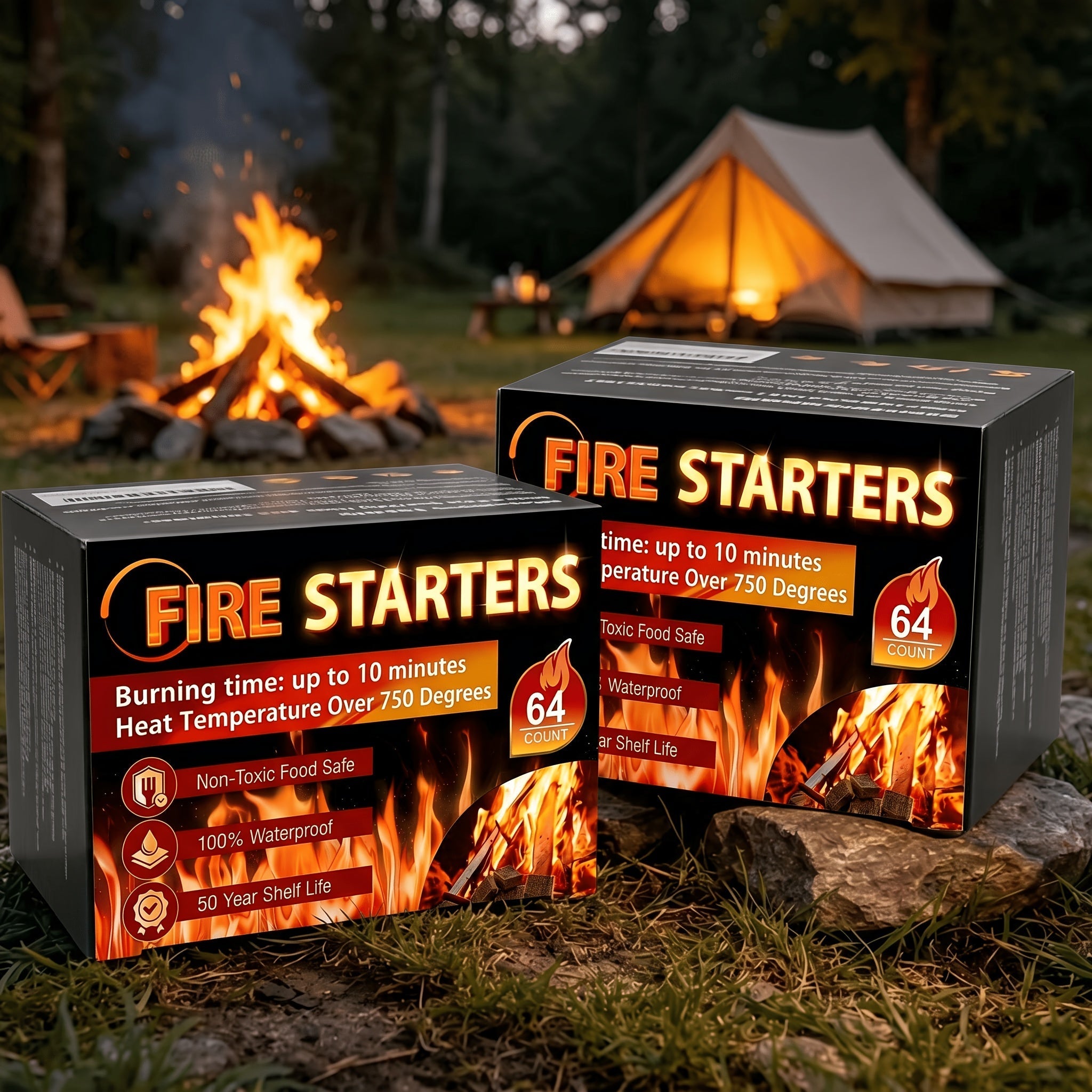 Waterproof Odorless Fire Starter Squares Bulk Pack – 6-Minute Burn Charcoal Firestarter Cubes for Campfire BBQ Grill Fireplace Wood Stove Fire Pit, No Kindling Needed, 32 64 128 192 Piece Options