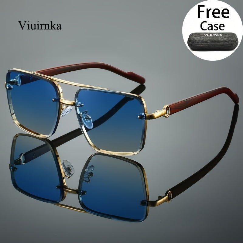 Square Retro Sunglasses Wood Grain Double Beam Unisex – UV Protection Fashion Eyewear with Case 7 Colors for Men Women Driving Travel Beach Street Photography Holiday Gift