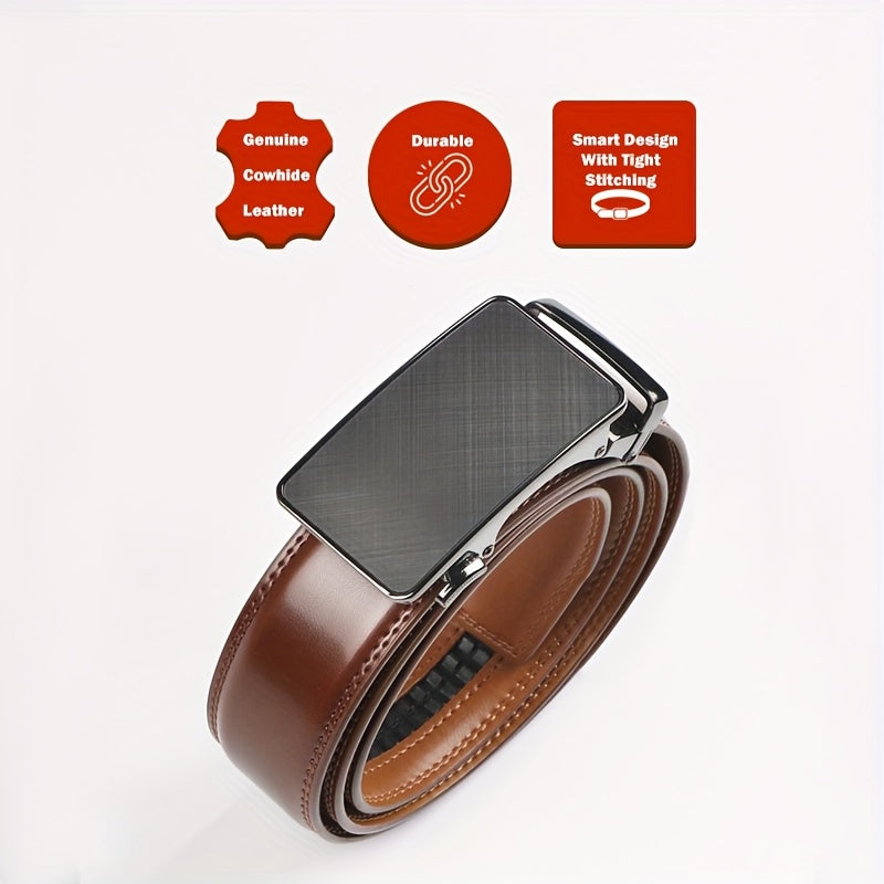 Men's Genuine Leather Ratchet Belt Automatic No-Hole Buckle 5 Lengths 110-130cm – Black Brown Slide Buckle Dress Belt Fits Waist 30" to 44" Formal Business Casual Father's Day Gift