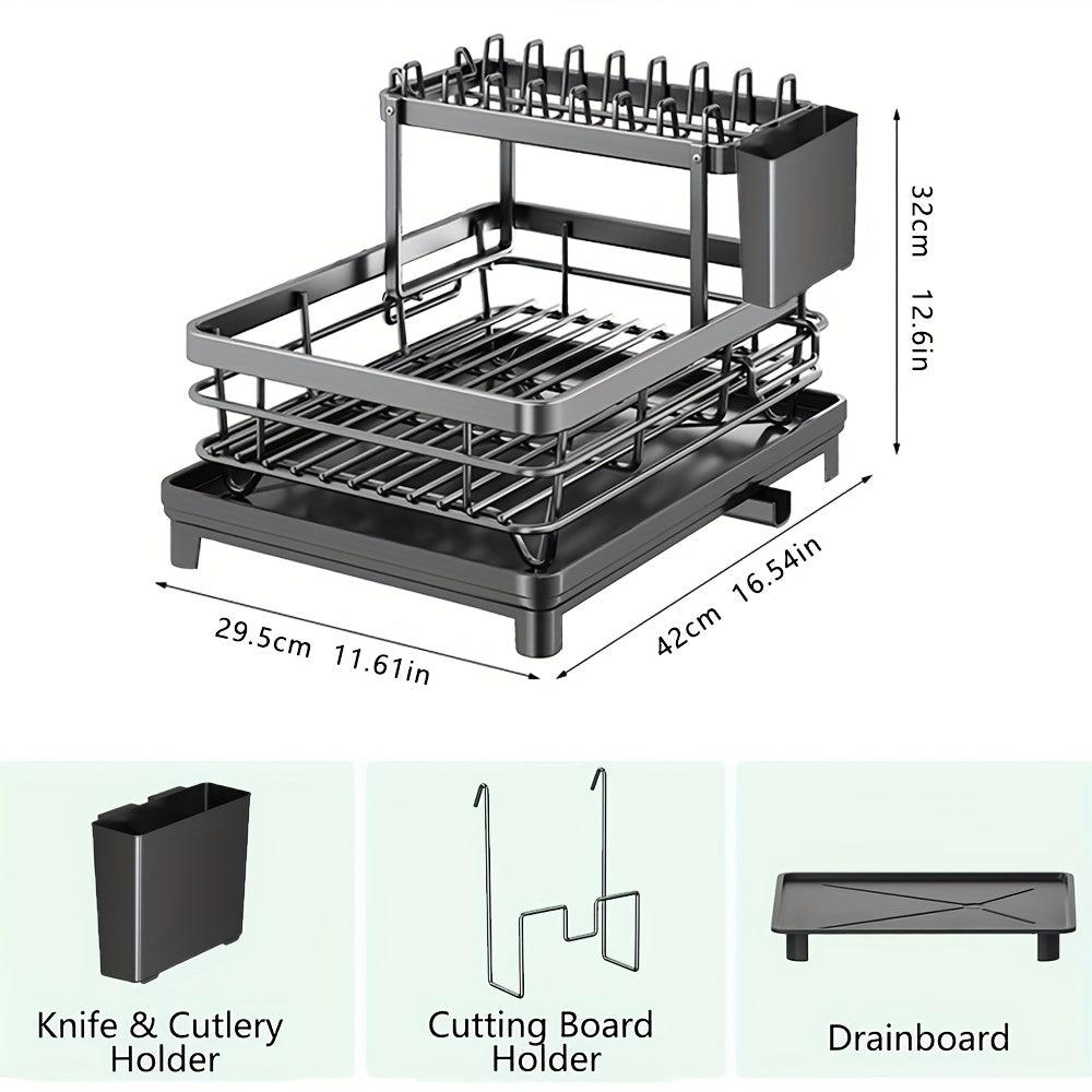 2-Tier Dish Drying Rack Kitchen Counter Drainboard Drain Mat Knife Fork Cup Holder Utensil Organizer Dish Drainer Kitchen Gadget Gift for Women Mother's Day Black Gray White