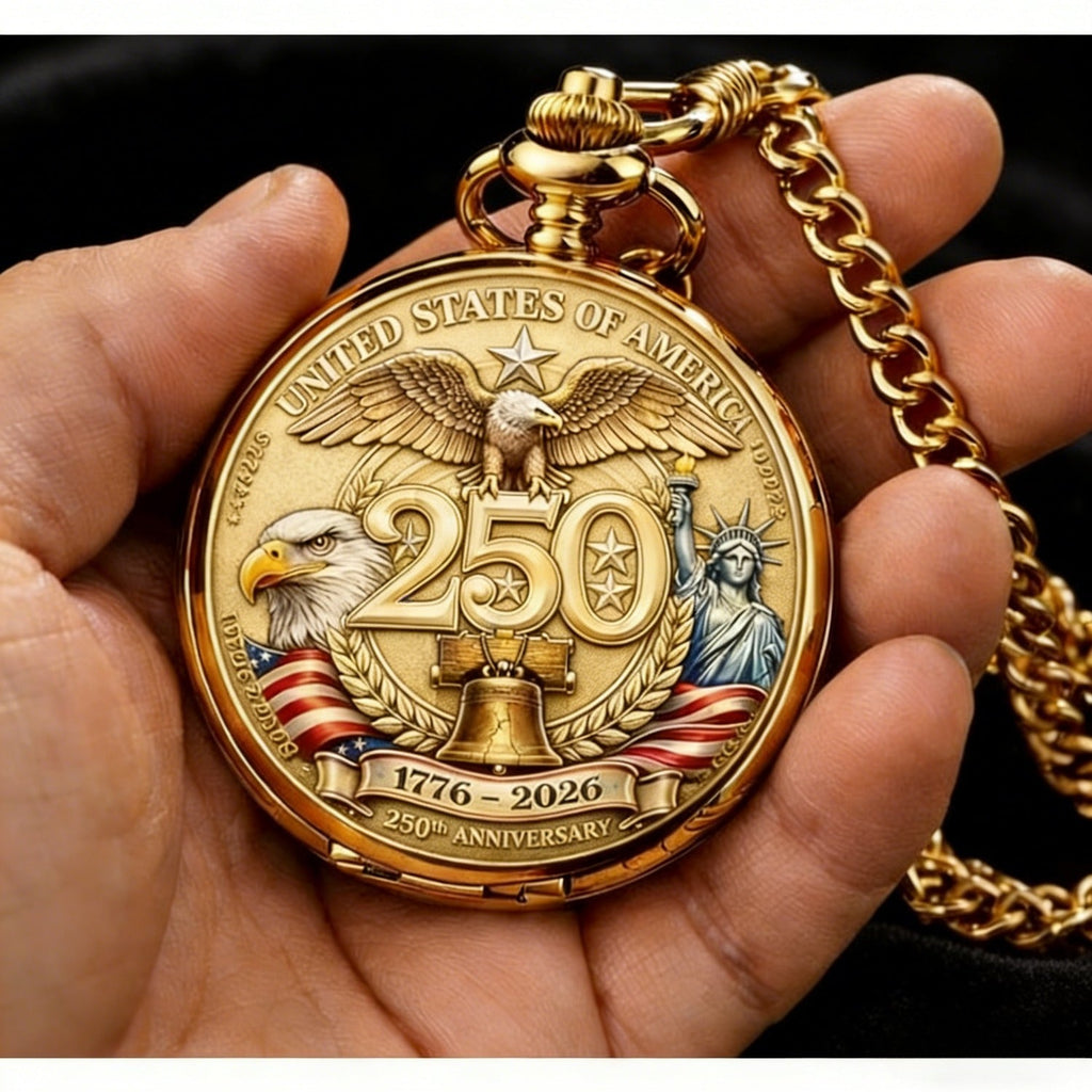 USA 250th Anniversary Pocket Watch 1776–2026 – Retro Wind-Up Mechanical Timepiece Bald Eagle Statue of Liberty Patriotic Commemorative Collector Gift for History Buffs Veterans American Pride