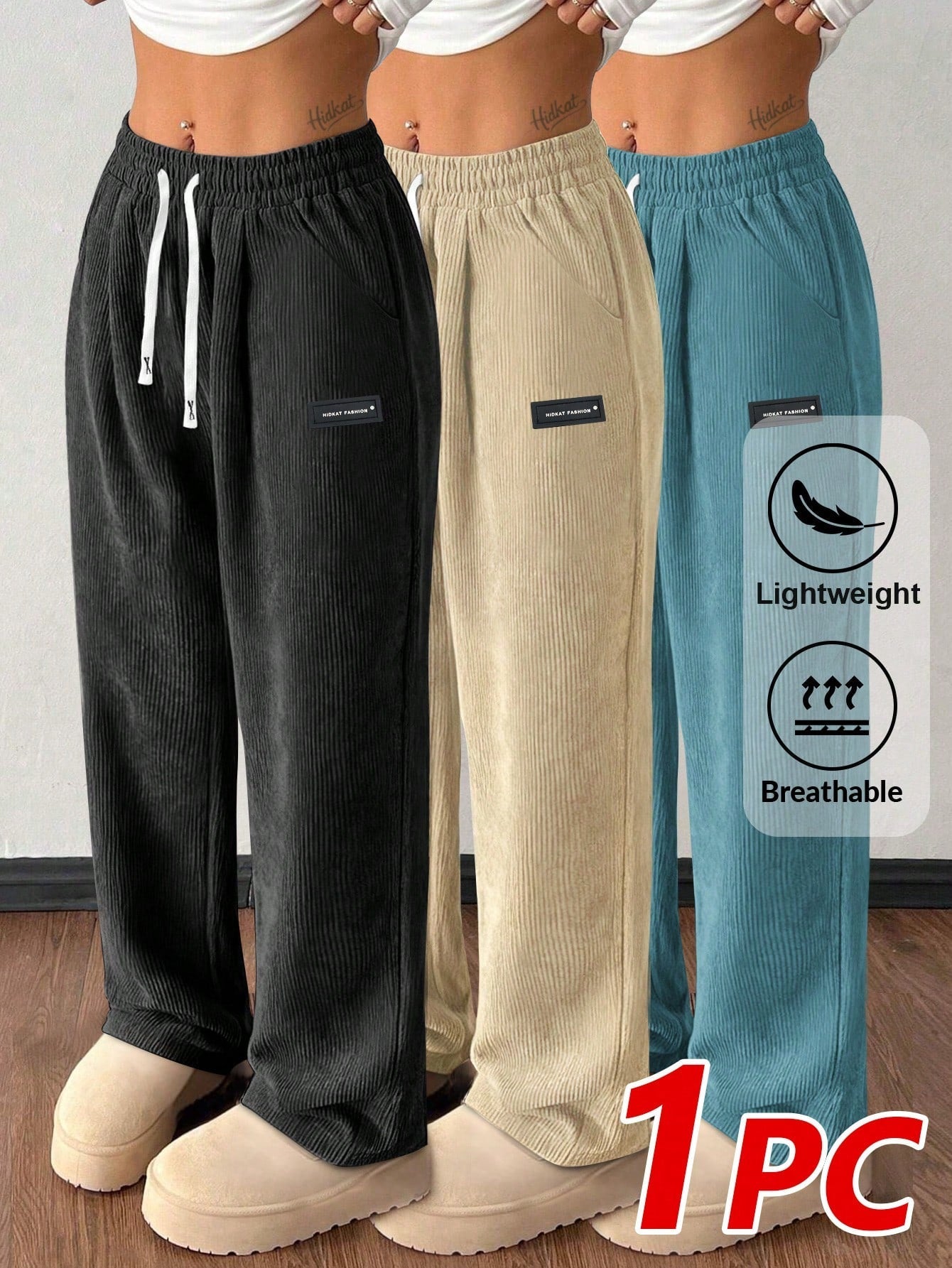 Women's Corduroy Straight Leg Pants Casual Drawstring Elastic Waist Vintage Pockets – Soft Breathable Fall Winter Trousers 6 Colors Khaki Black Blue Grey XS-XXL