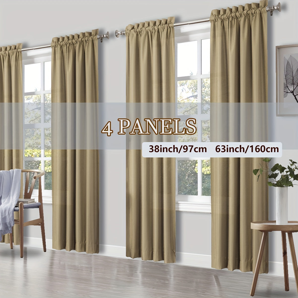 Rod Pocket Light Filtering Curtains 4 Panels – Solid Color Drapes for Living Room Bedroom Office, Easy Install, 10 Colors & 8 Sizes, Yarn-Dyed Fade Resistant Fabric, Home Window Treatment Set
